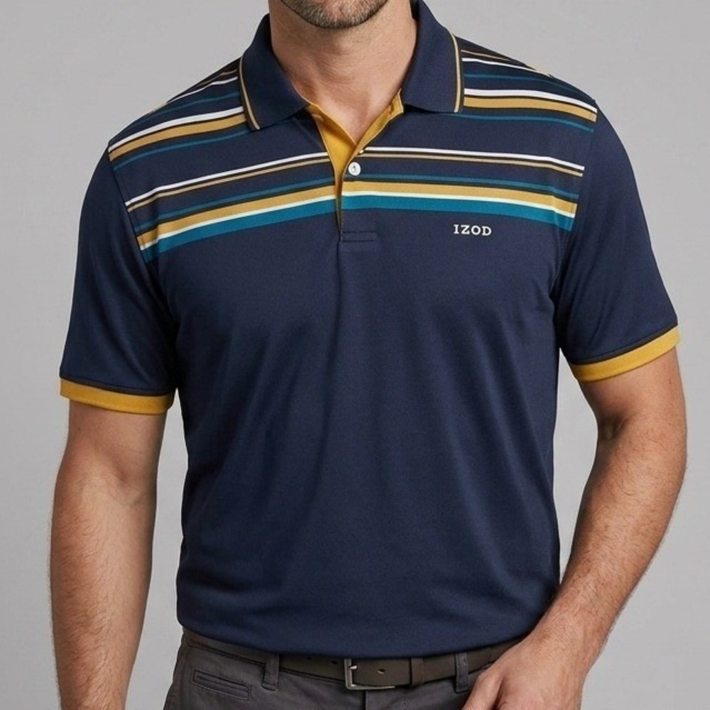 IZOD Golf Mens XL Polo Shirt Navy Yellow Striped Performance Preppy Collegiate